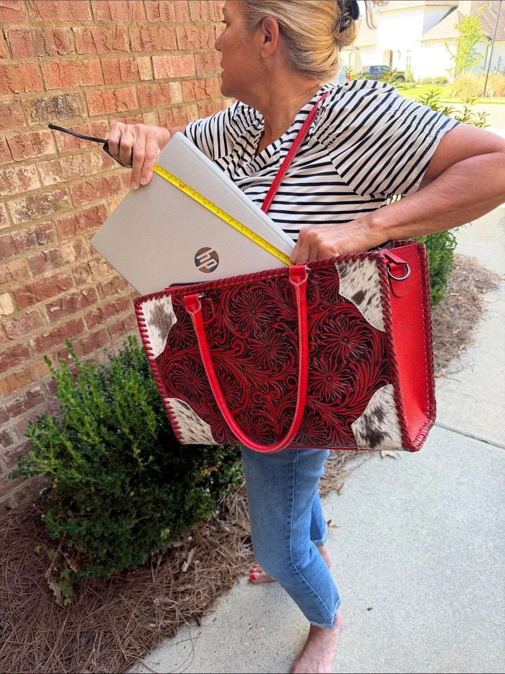 Women's Red Tooled Leather Tote with Hair-on-Hide Accents